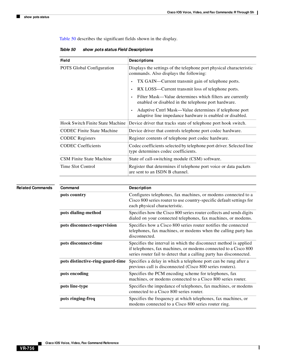 Cisco Systems VR-561 manual Field Descriptions, VR-756 