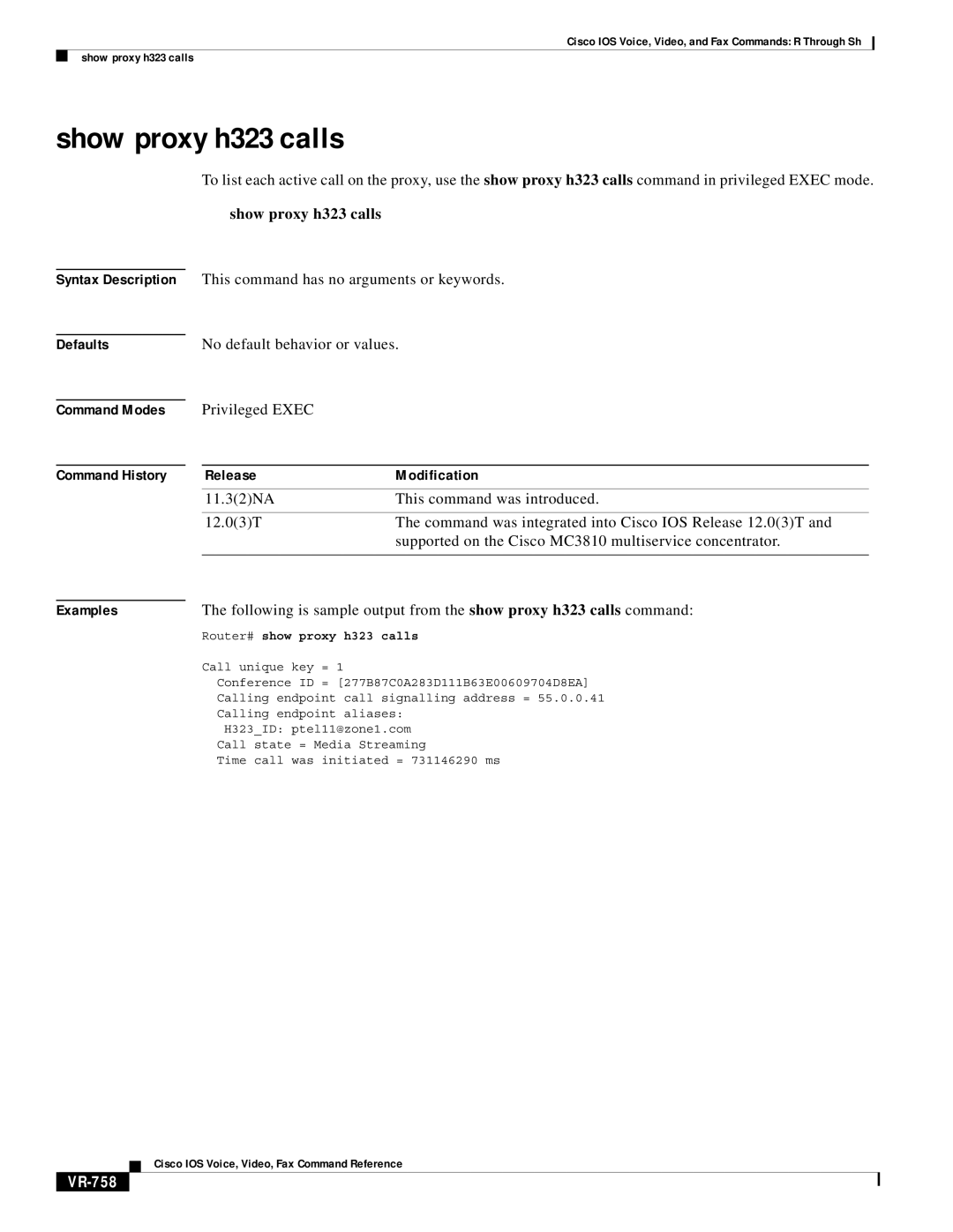 Cisco Systems VR-561 manual Show proxy h323 calls, VR-758, Router# show proxy h323 calls 