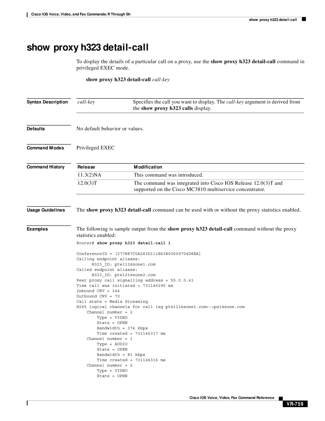 Cisco Systems VR-561 manual Show proxy h323 detail-call call-key, VR-759, Router# show proxy h323 detail-call 