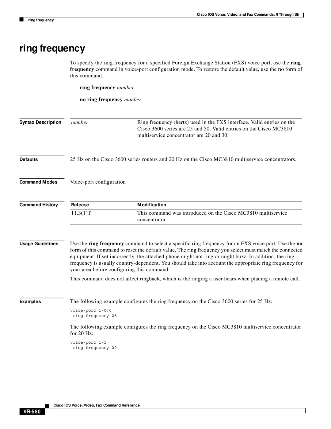 Cisco Systems VR-561 manual Ring frequency number No ring frequency number, VR-580 