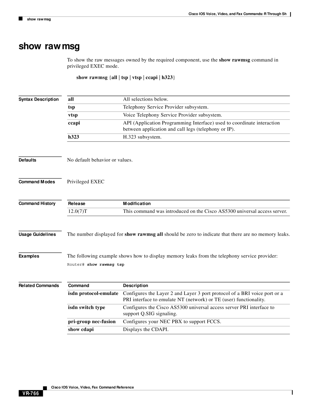 Cisco Systems VR-561 manual Show rawmsg, VR-766 