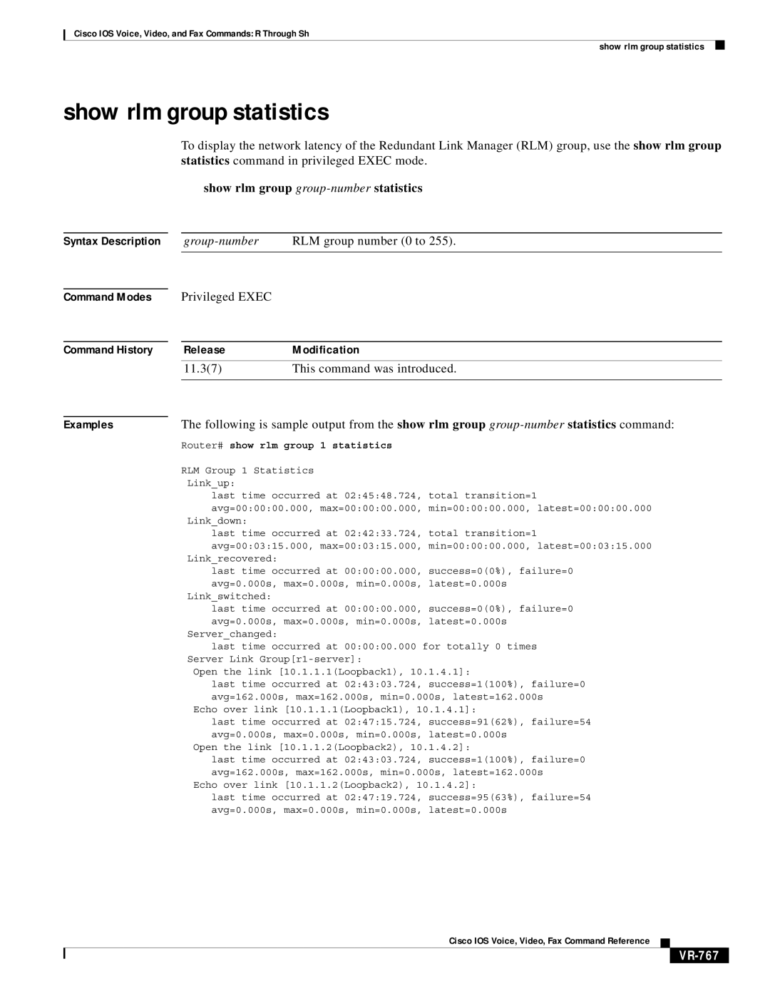 Cisco Systems VR-561 manual Show rlm group statistics, Show rlm group group-numberstatistics, VR-767, Statistics 