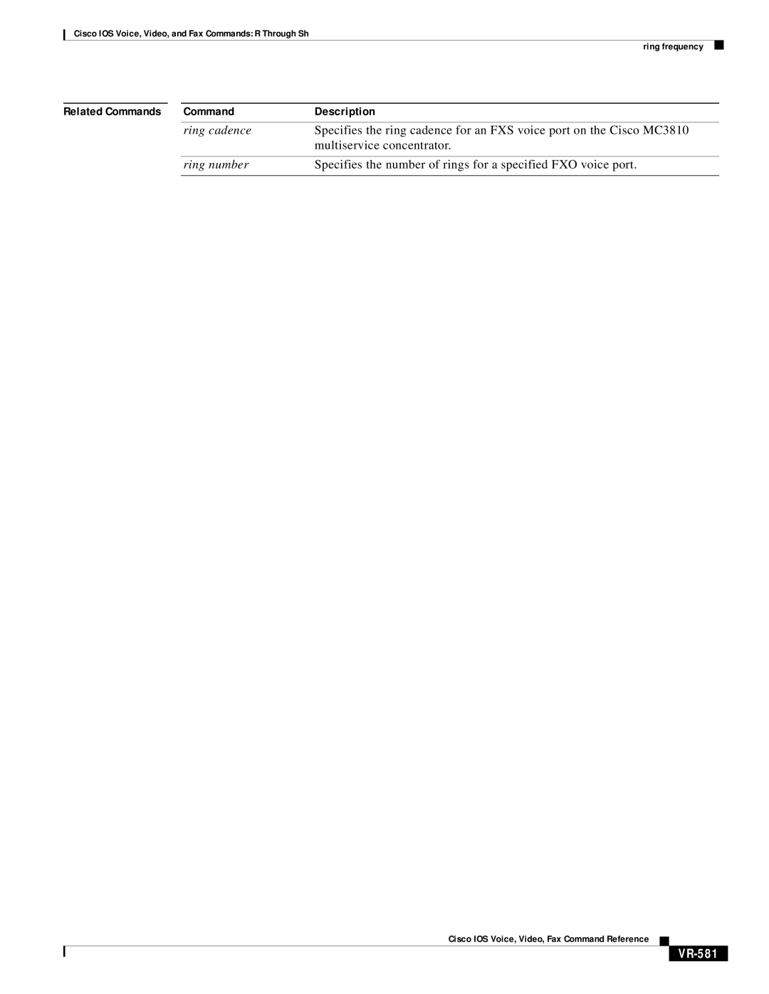 Cisco Systems VR-561 manual Ring cadence, Multiservice concentrator, Ring number, VR-581 