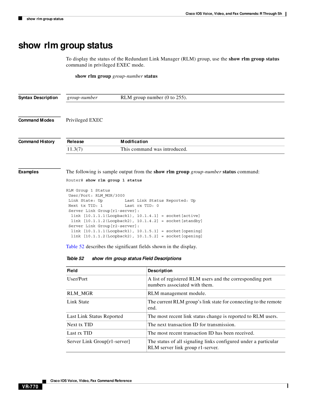 Cisco Systems VR-561 manual Show rlm group status, Show rlm group group-numberstatus, RLM management module, VR-770 