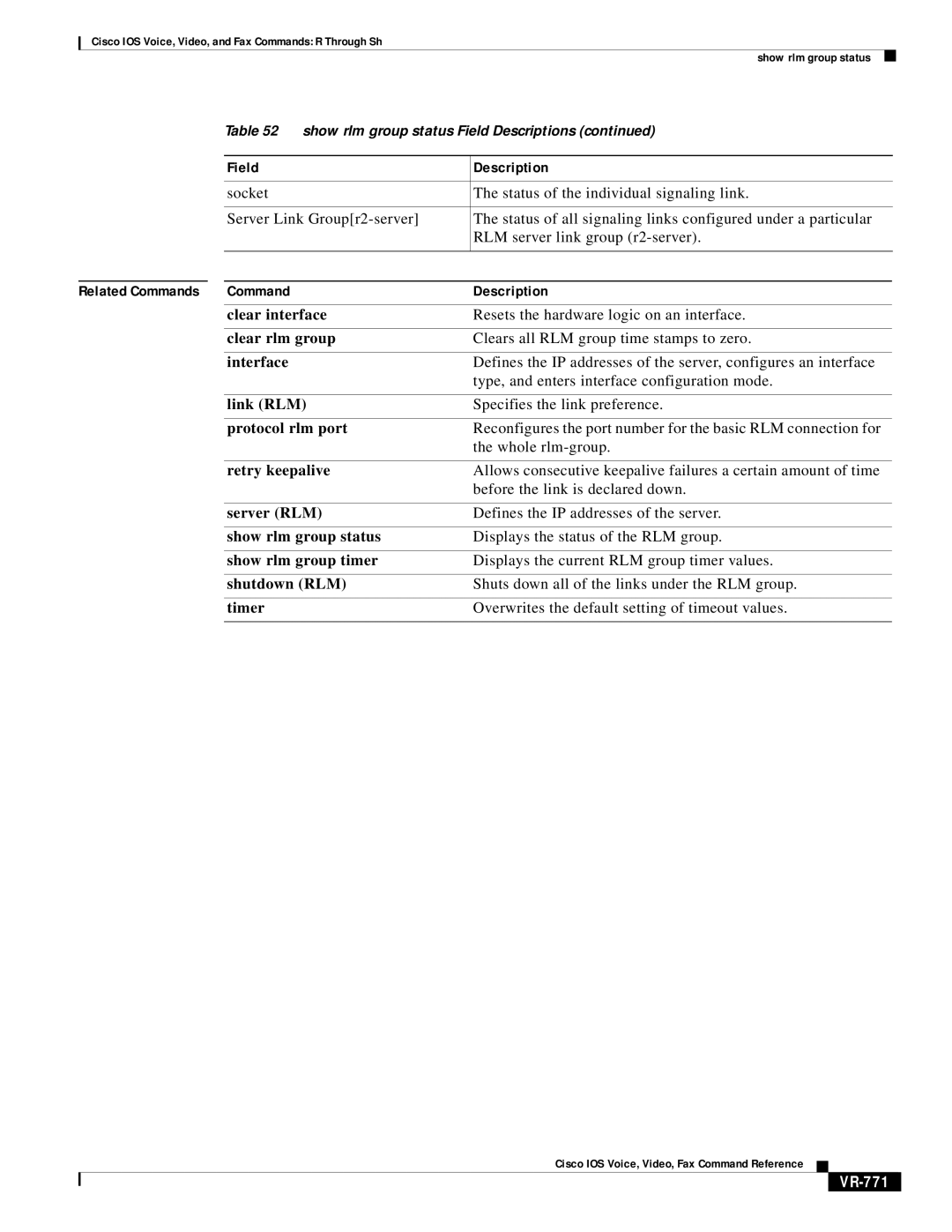 Cisco Systems VR-561 manual Command Description, VR-771 