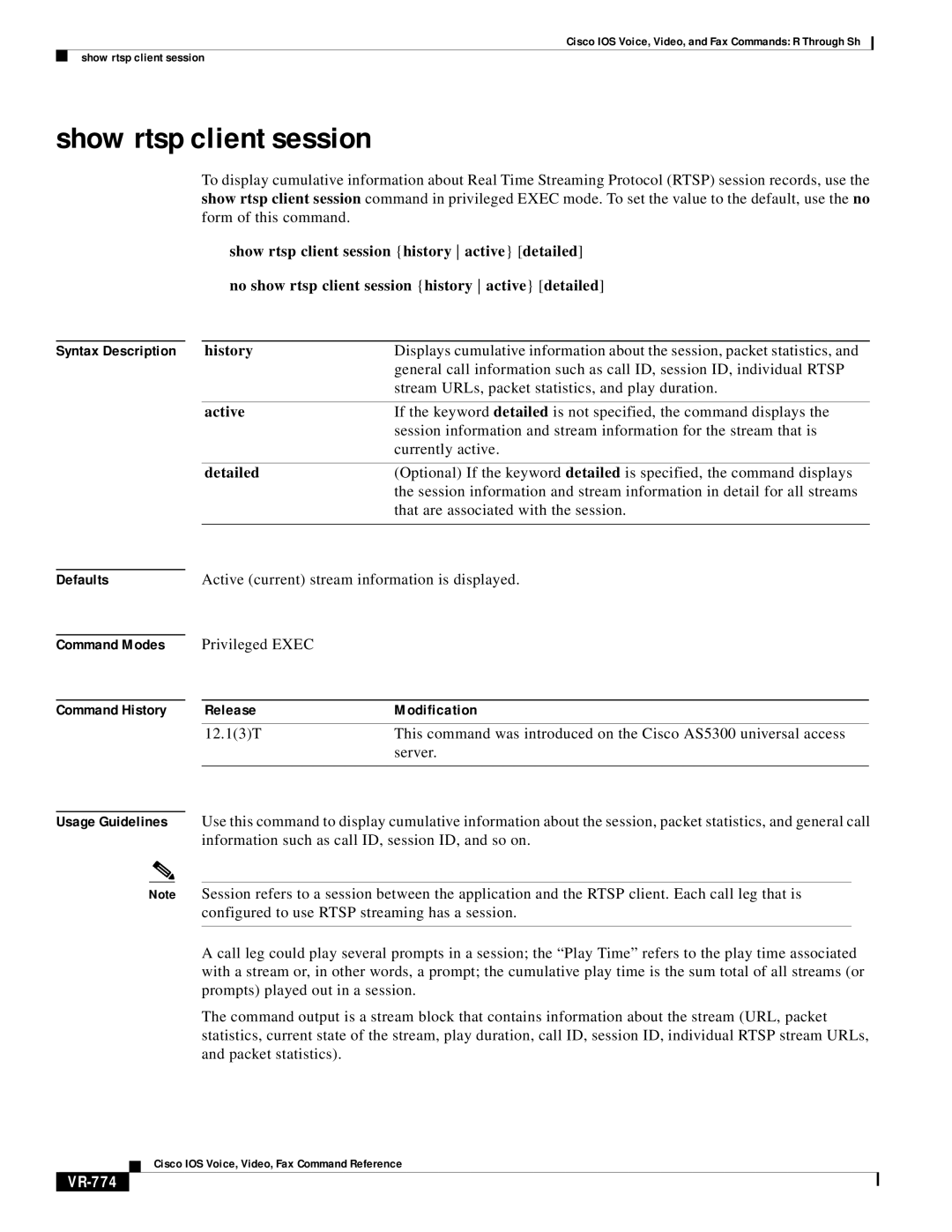 Cisco Systems VR-561 manual Show rtsp client session, History, Active, Detailed, VR-774 