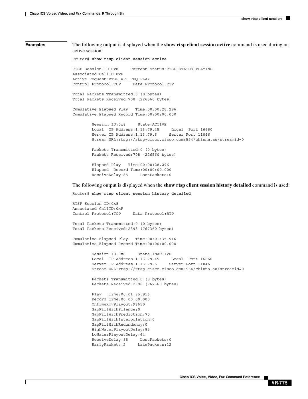 Cisco Systems VR-561 manual Active session, VR-775, Router# show rtsp client session active 