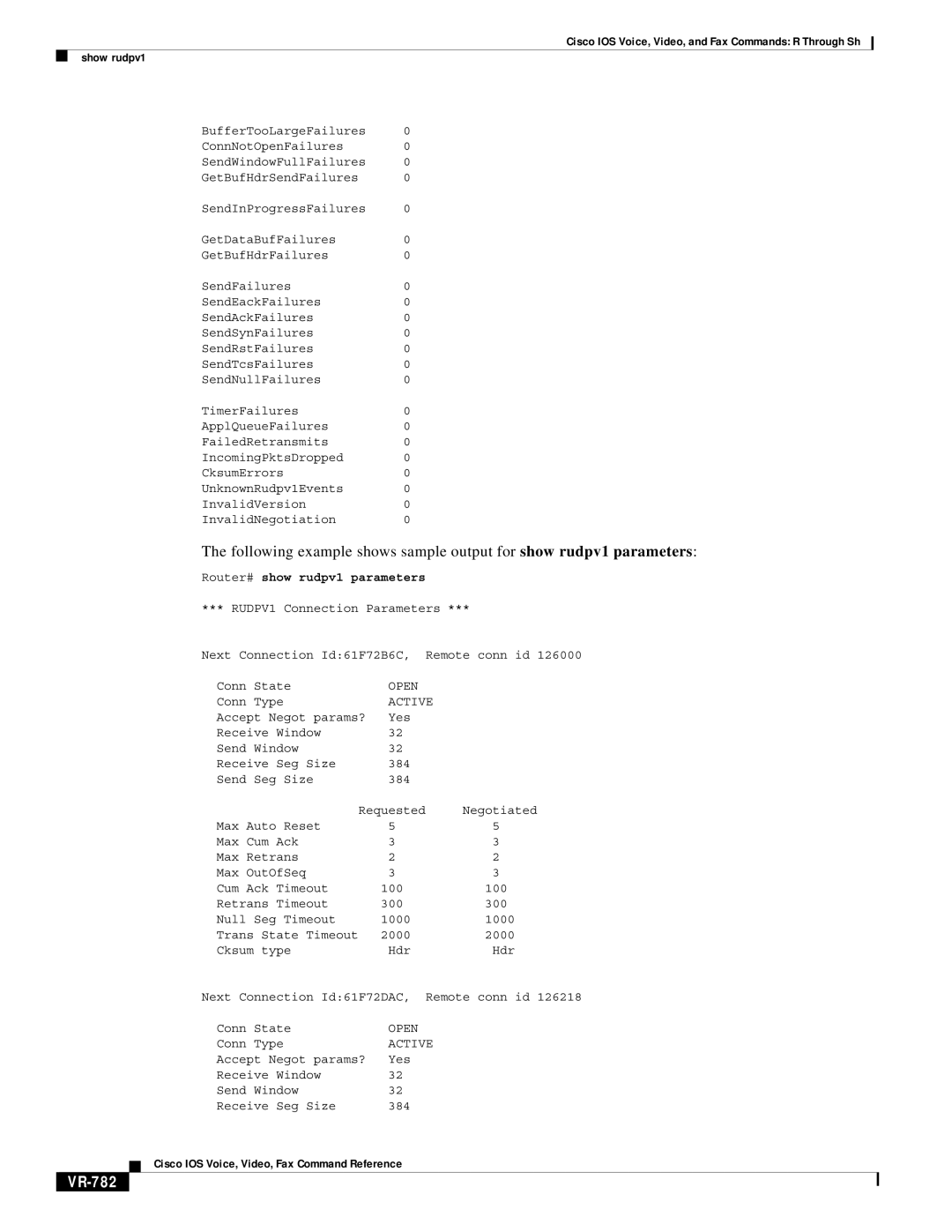 Cisco Systems VR-561 manual VR-782, Router# show rudpv1 parameters, Open, Active 