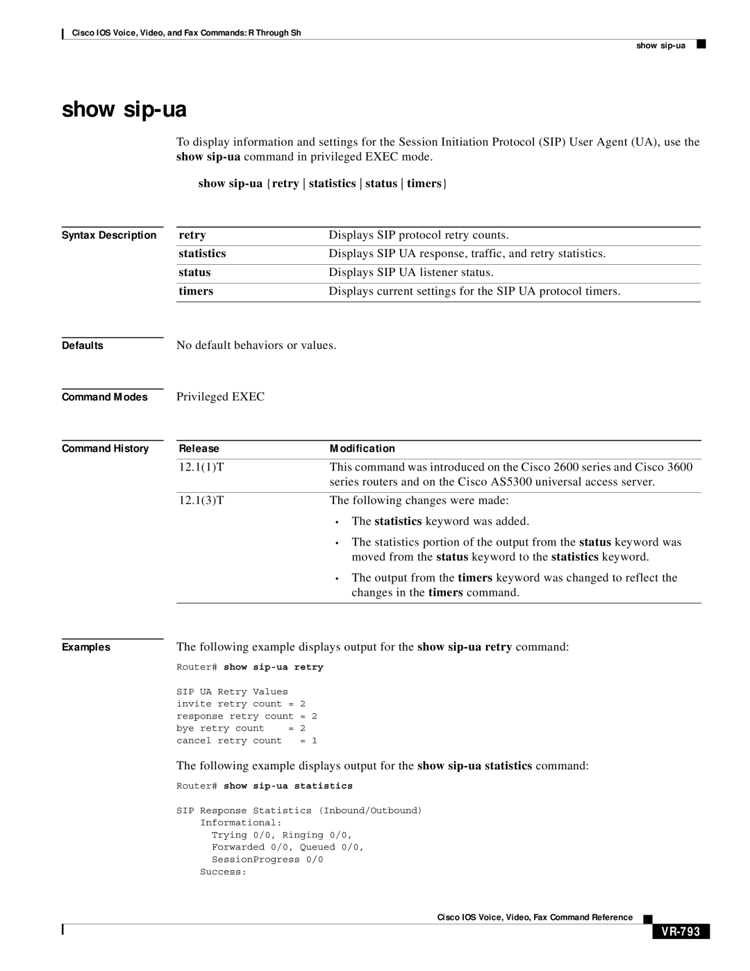 Cisco Systems VR-561 manual Show sip-ua retry statistics status timers, Retry, Timers, VR-793 