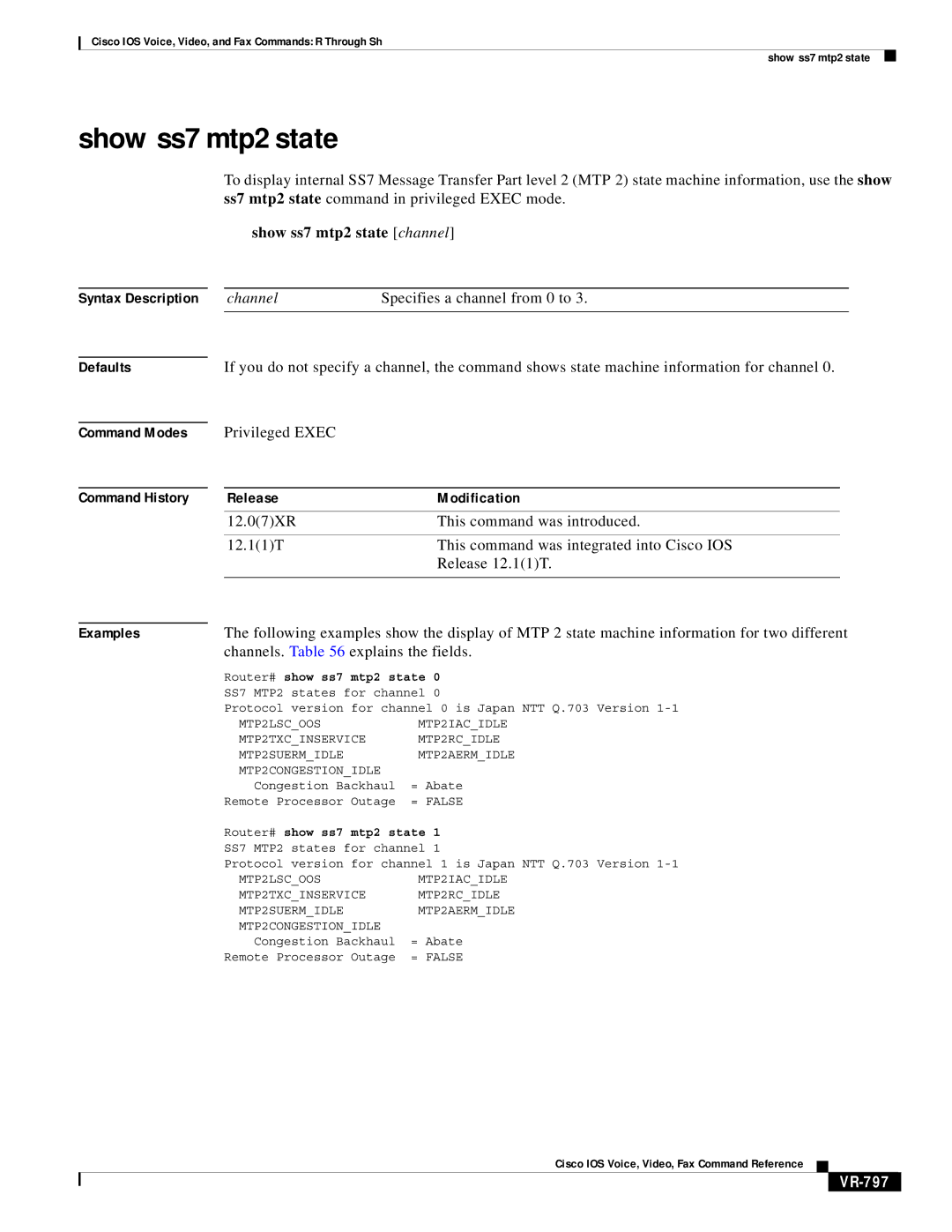 Cisco Systems VR-561 manual Show ss7 mtp2 state channel, Channels. explains the fields, VR-797, Mtp2 state 