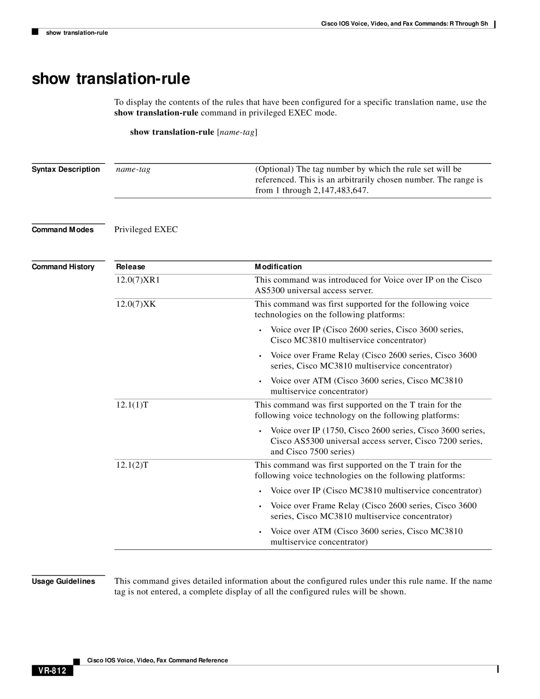 Cisco Systems VR-561 manual Show translation-rule name-tag, VR-812 