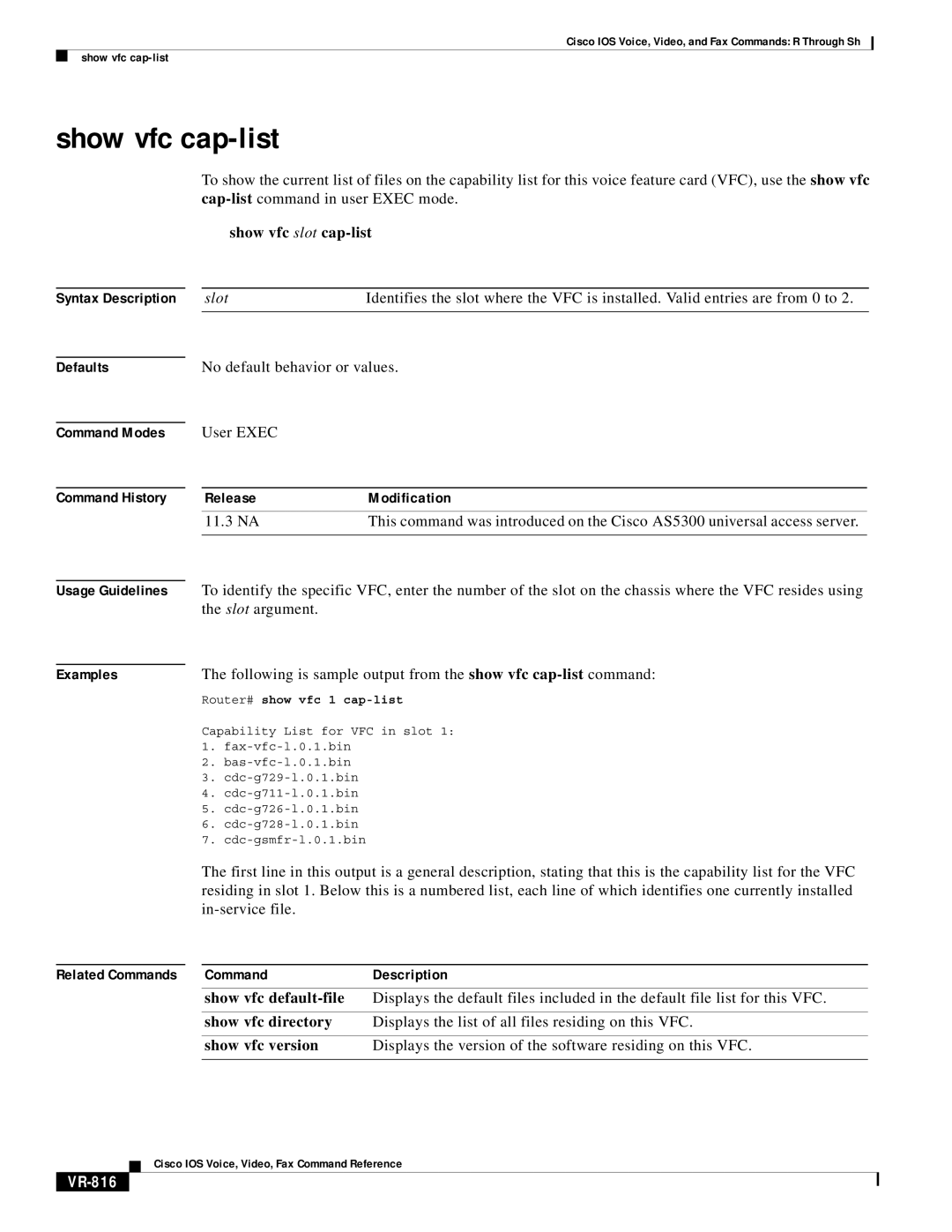 Cisco Systems VR-561 manual Show vfc cap-list, VR-816, Router# show vfc 1 cap-list 