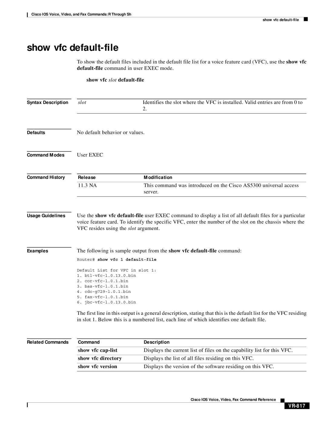 Cisco Systems VR-561 manual Show vfc default-file, VR-817, Router# show vfc 1 default-file 