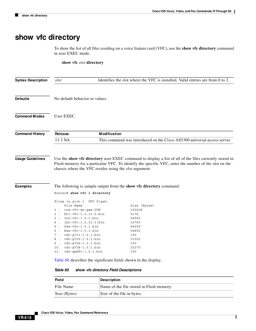 Cisco Systems VR-561 manual Show vfc directory, VR-818, Directory 