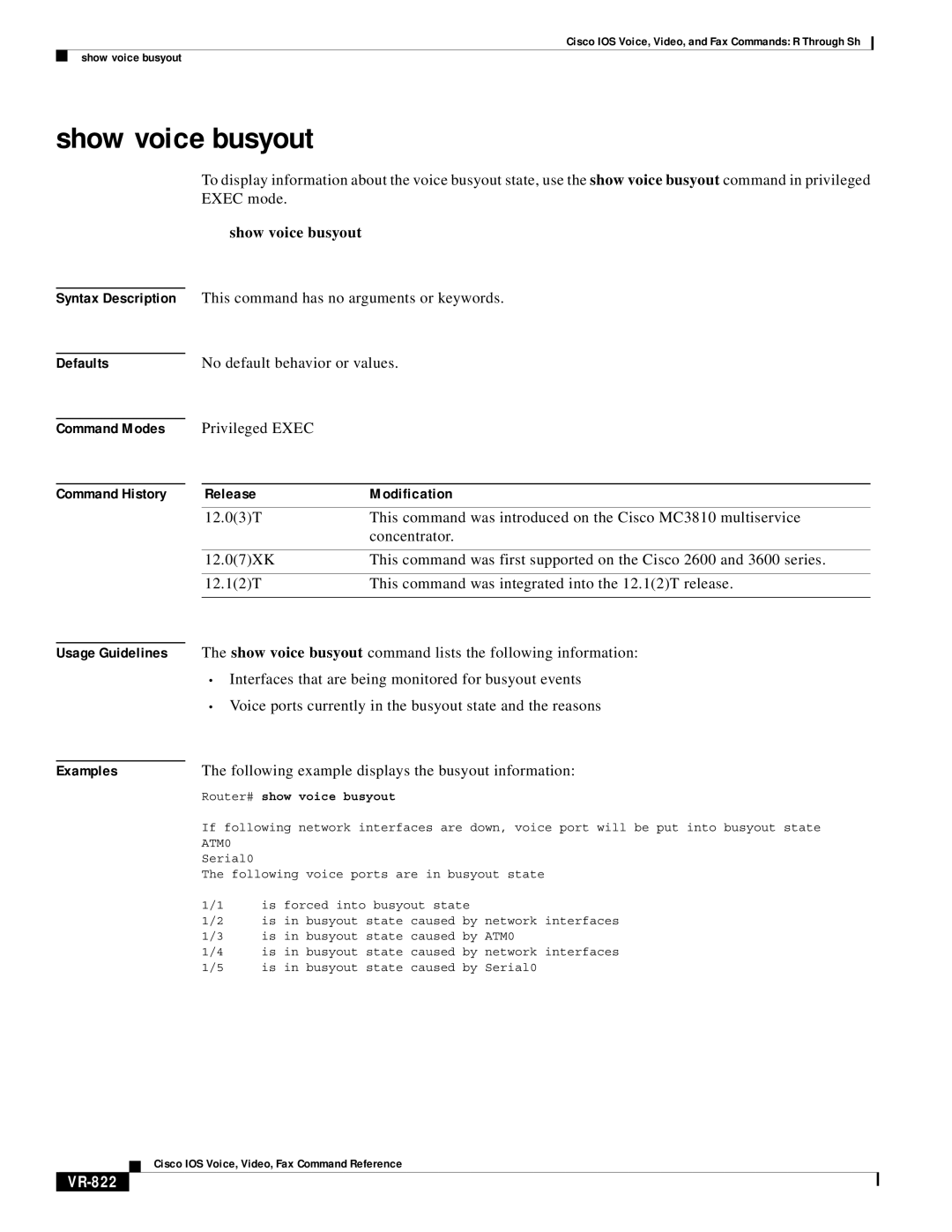 Cisco Systems VR-561 manual Show voice busyout, VR-822 