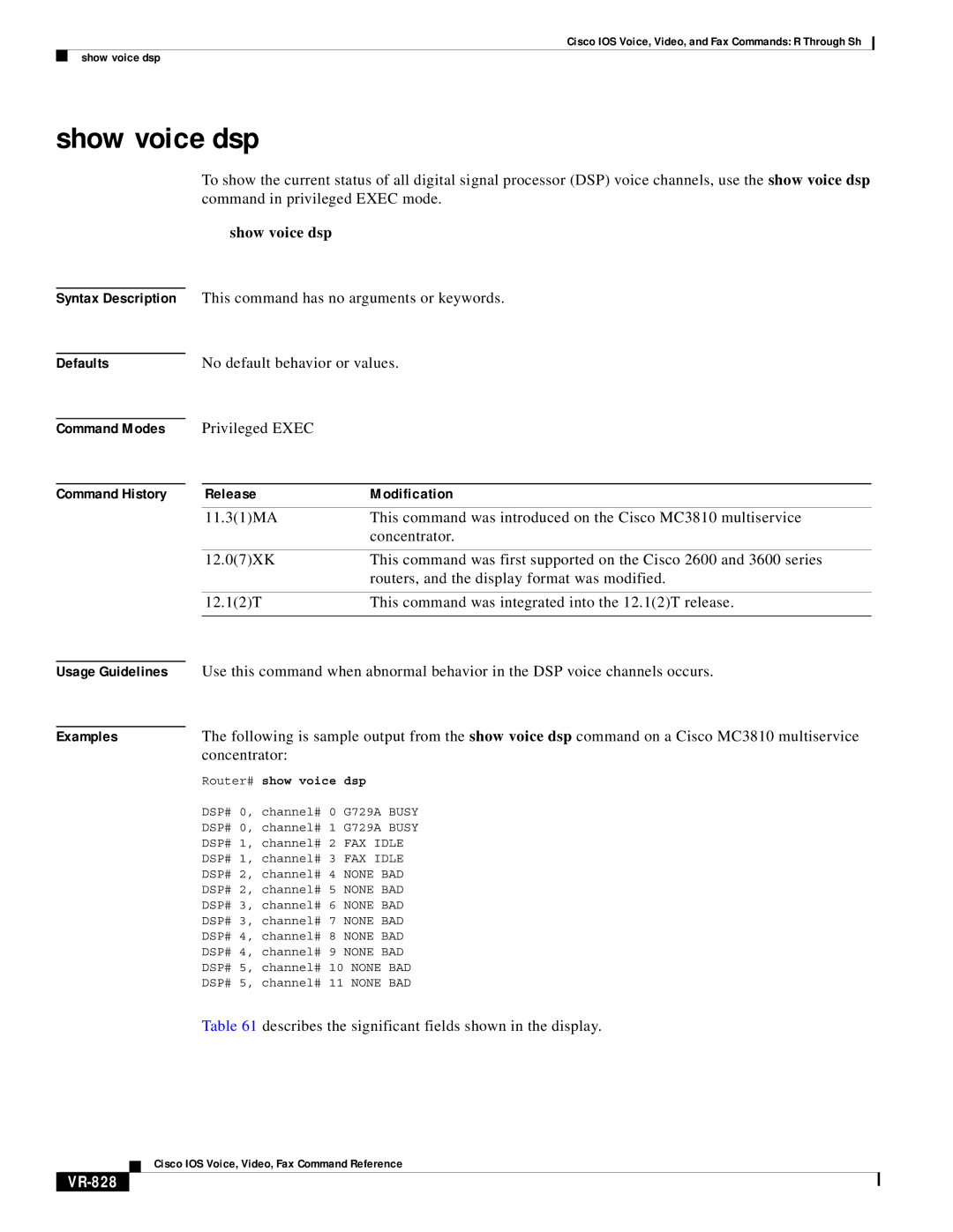 Cisco Systems VR-561 manual Show voice dsp, VR-828, Router# show voice dsp 