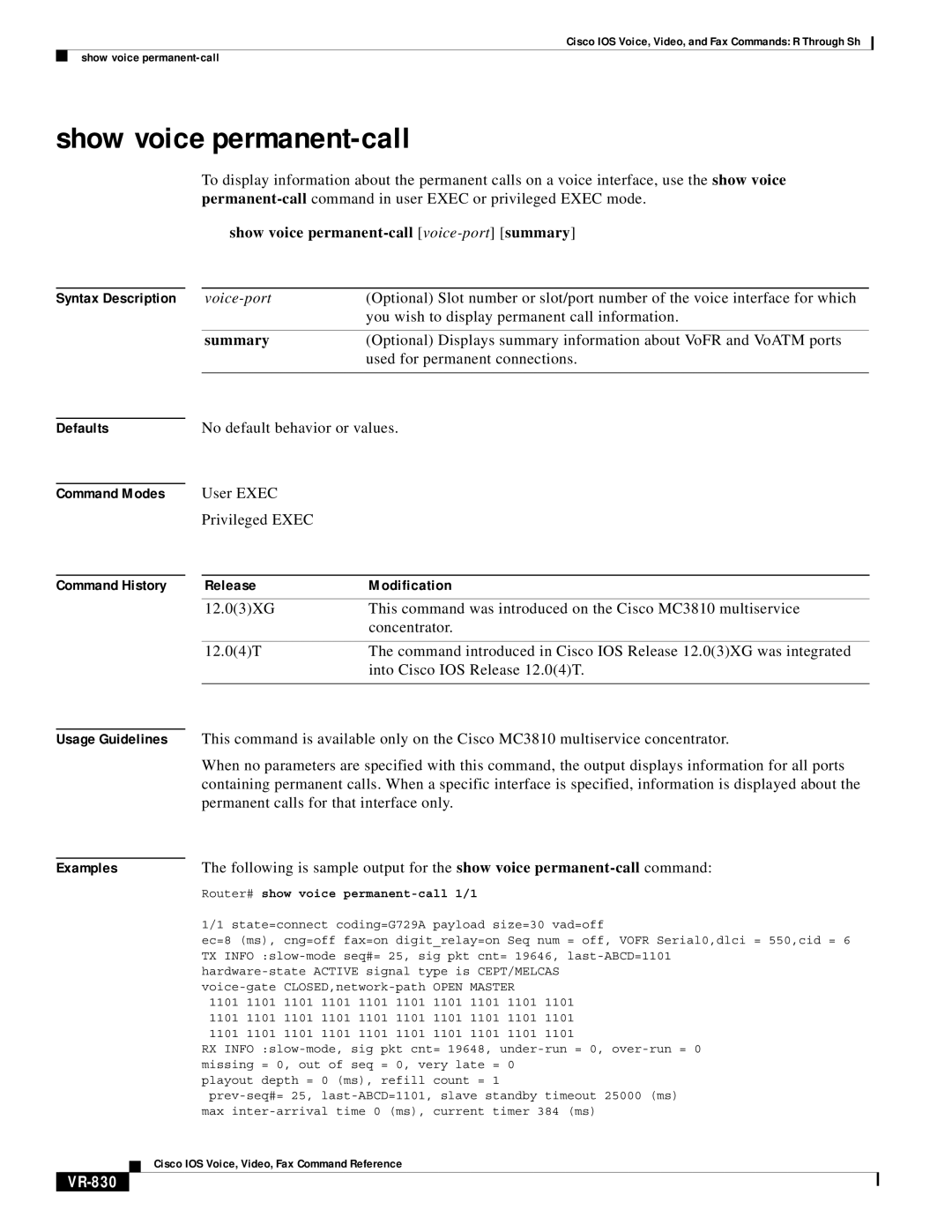 Cisco Systems VR-561 manual Show voice permanent-call voice-port summary, VR-830, Router# show voice permanent-call 1/1 