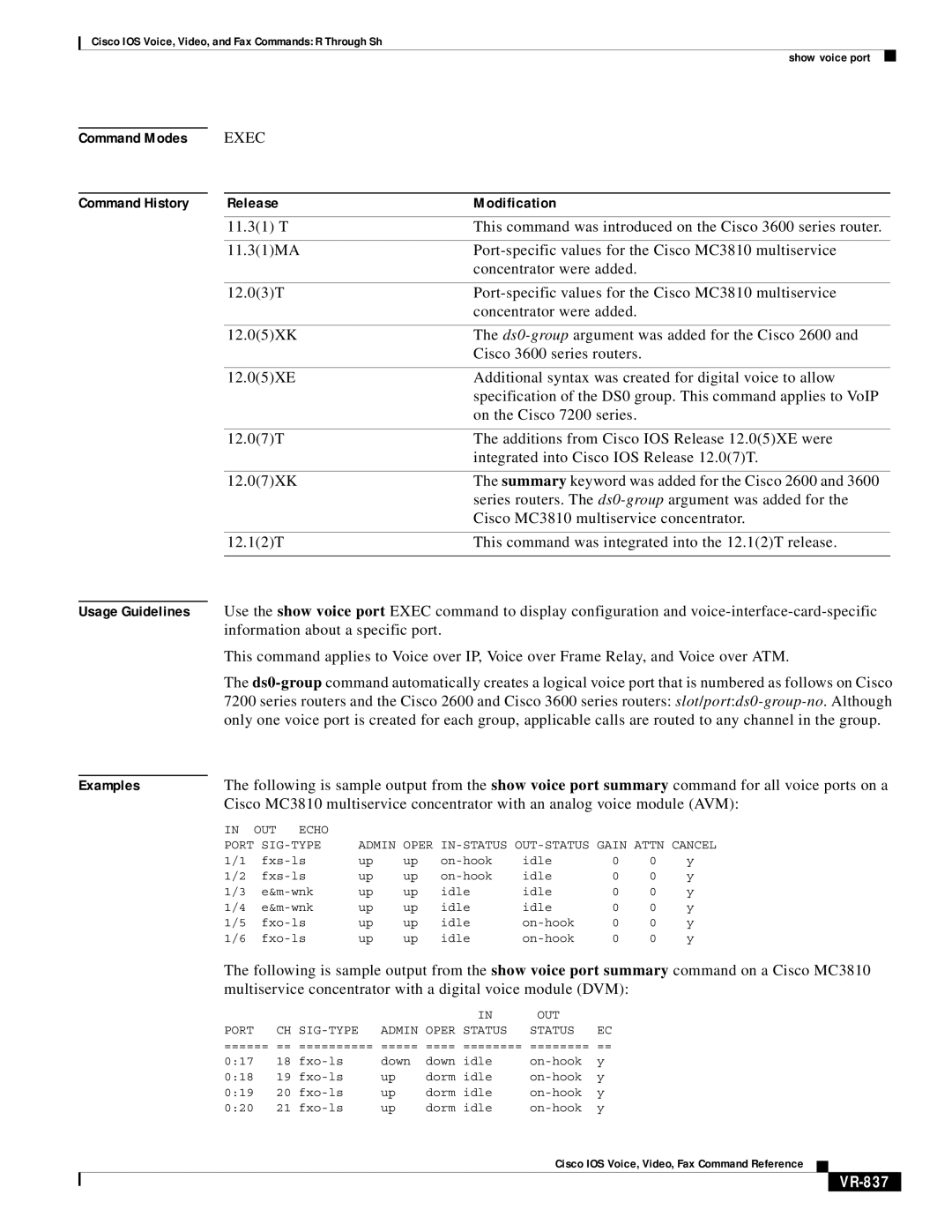 Cisco Systems VR-561 manual VR-837, OUT Echo, SIG-TYPE Admin Oper IN-STATUS OUT-STATUS Gain Attn Cancel 