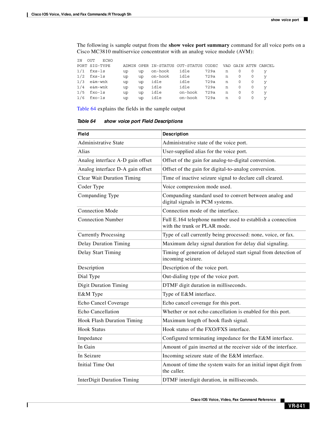 Cisco Systems VR-561 Explains the fields in the sample output, VR-841, SIG-TYPE Admin Oper, Codec VAD Gain Attn Cancel 