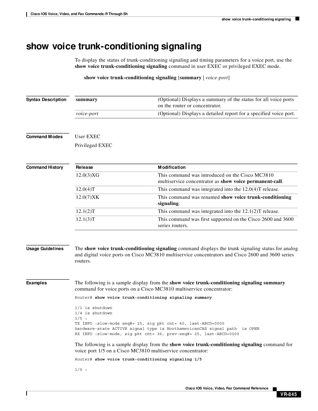 Cisco Systems VR-561 manual Show voice trunk-conditioning signaling summary voice-port, Summary, VR-845 