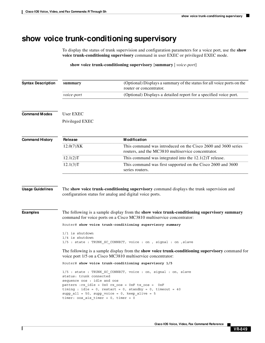 Cisco Systems VR-561 manual Show voice trunk-conditioning supervisory, Router or concentrator, VR-849 