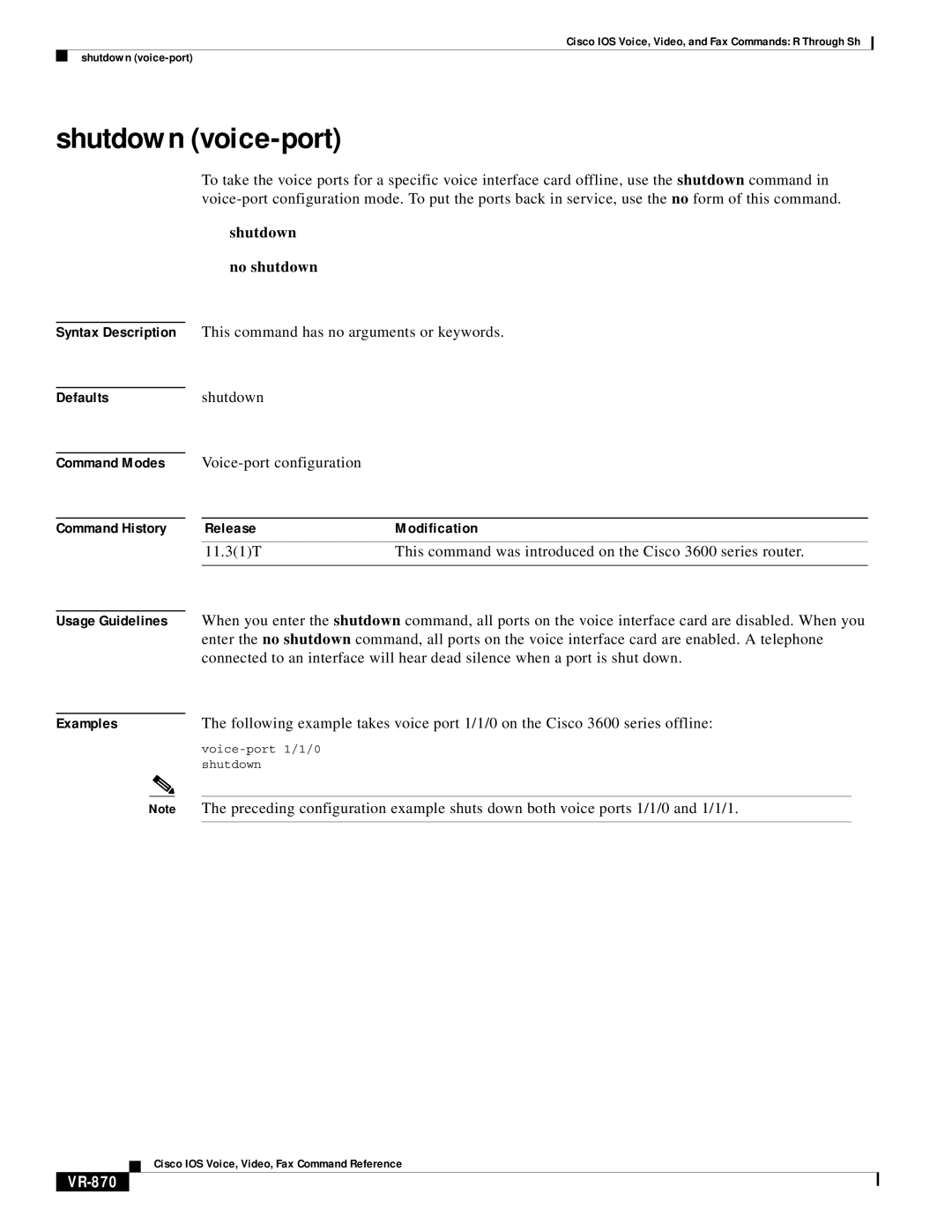 Cisco Systems VR-561 manual Shutdown voice-port, VR-870 