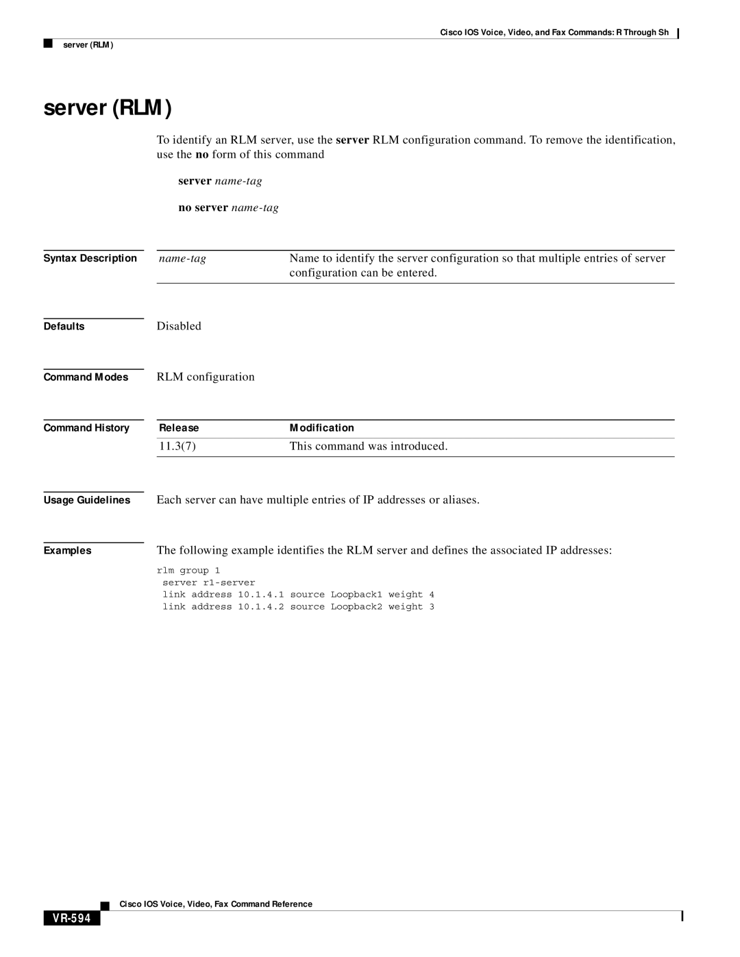 Cisco Systems VR-561 manual Server RLM, Server name-tagno server name-tag, Disabled RLM configuration, VR-594 