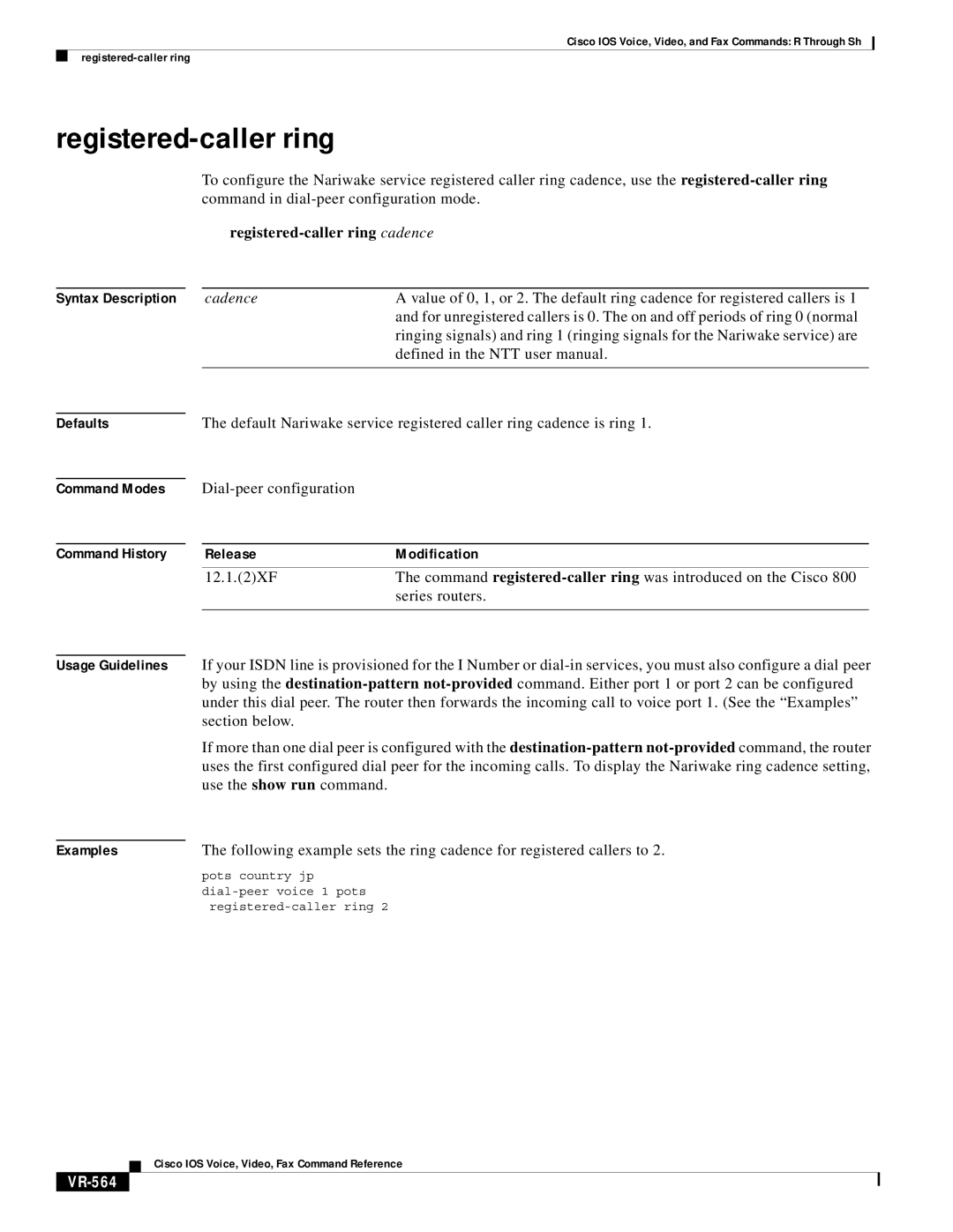 Cisco Systems VR-561 manual Registered-caller ring cadence, Release Modification, VR-564 