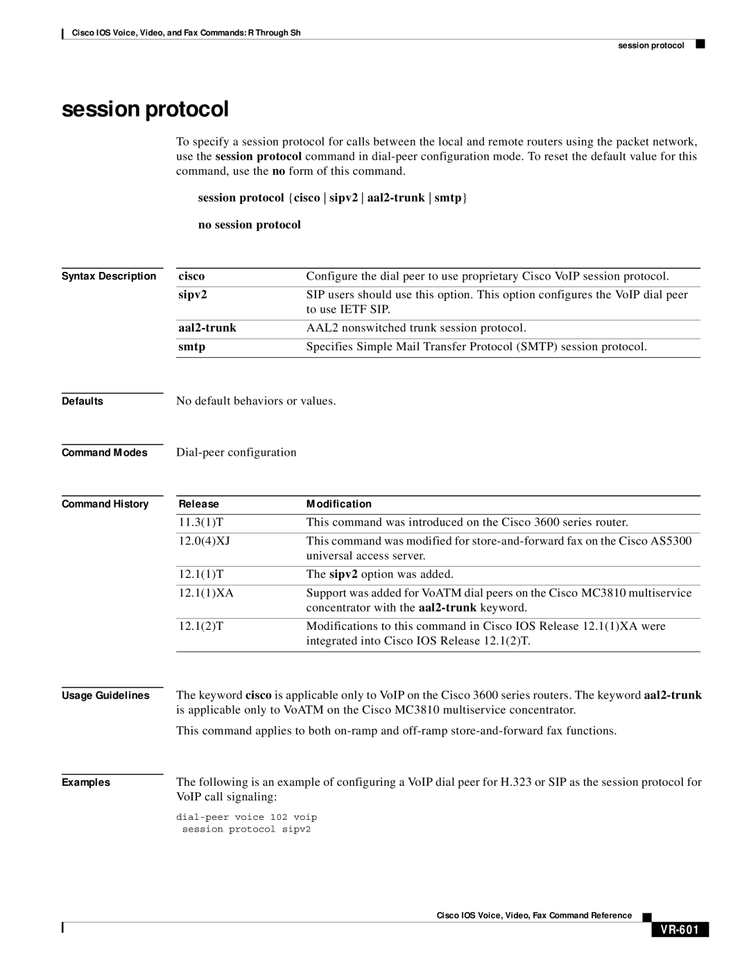 Cisco Systems VR-561 manual Session protocol, VR-601 