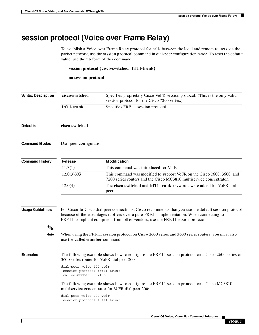 Cisco Systems VR-561 manual Session protocol Voice over Frame Relay, Frf11-trunk, VR-603 