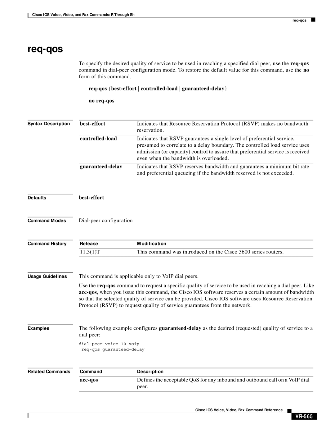 Cisco Systems VR-561 manual Req-qos, Command Description, VR-565 