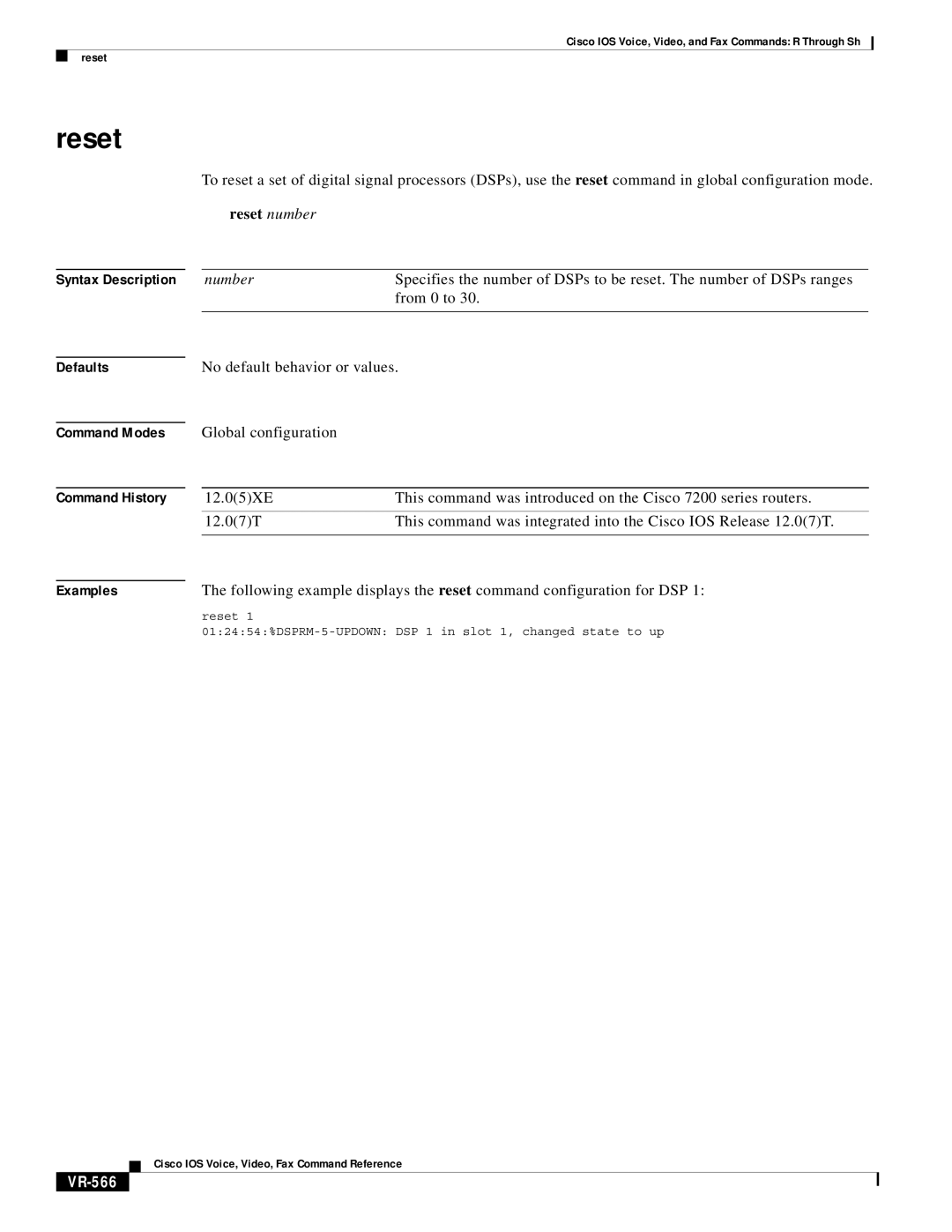 Cisco Systems VR-561 manual Reset, VR-566 