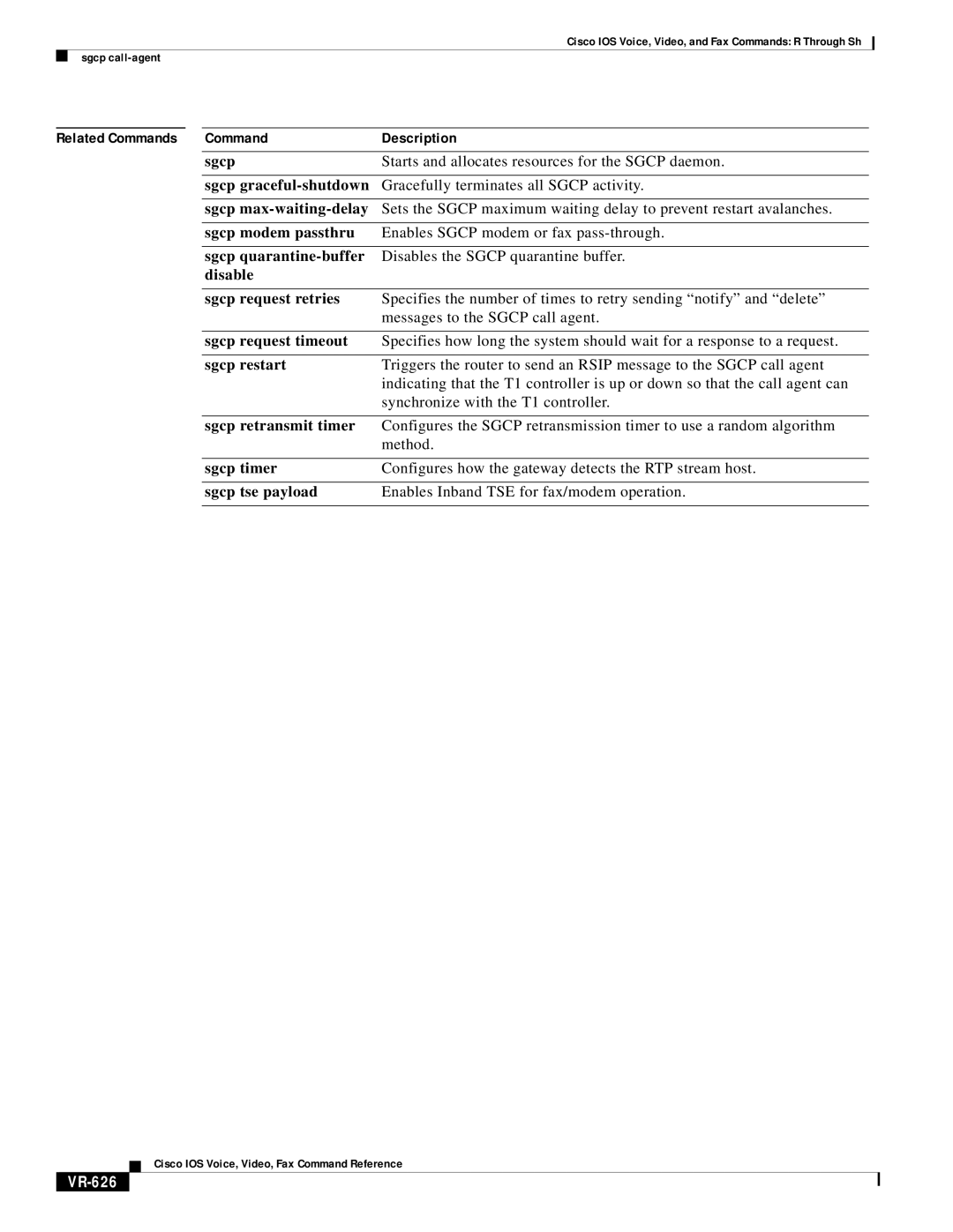 Cisco Systems VR-561 manual Disable Sgcp request retries, VR-626 