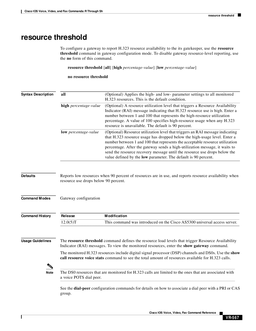 Cisco Systems VR-561 manual Resource threshold, All, VR-567 