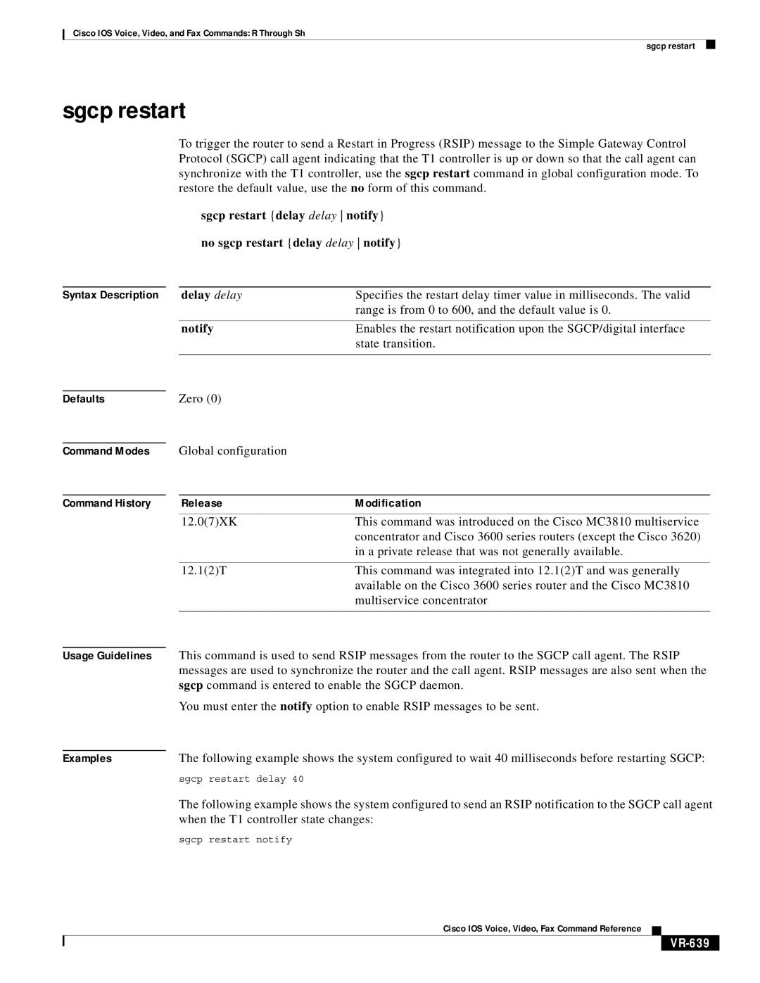 Cisco Systems VR-561 manual Sgcp restart, When the T1 controller state changes, VR-639 