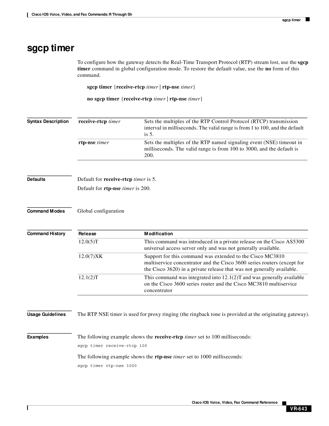 Cisco Systems VR-561 manual Sgcp timer, VR-643 