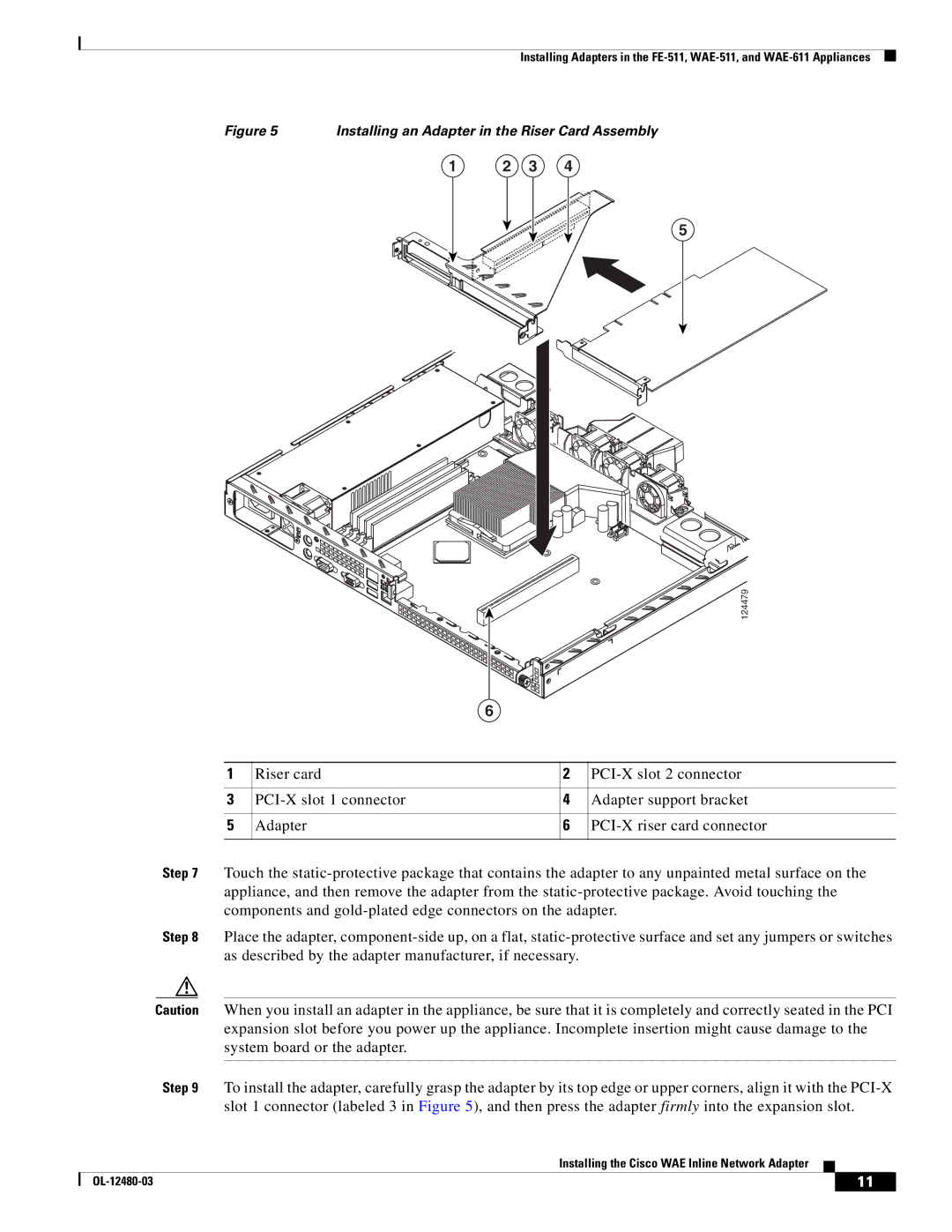 Cisco Systems WAE-611-K9, WAE-7341-K9, WAE-7371-K9, WAE-674-K9, WAE-511-K9 Installing an Adapter in the Riser Card Assembly 