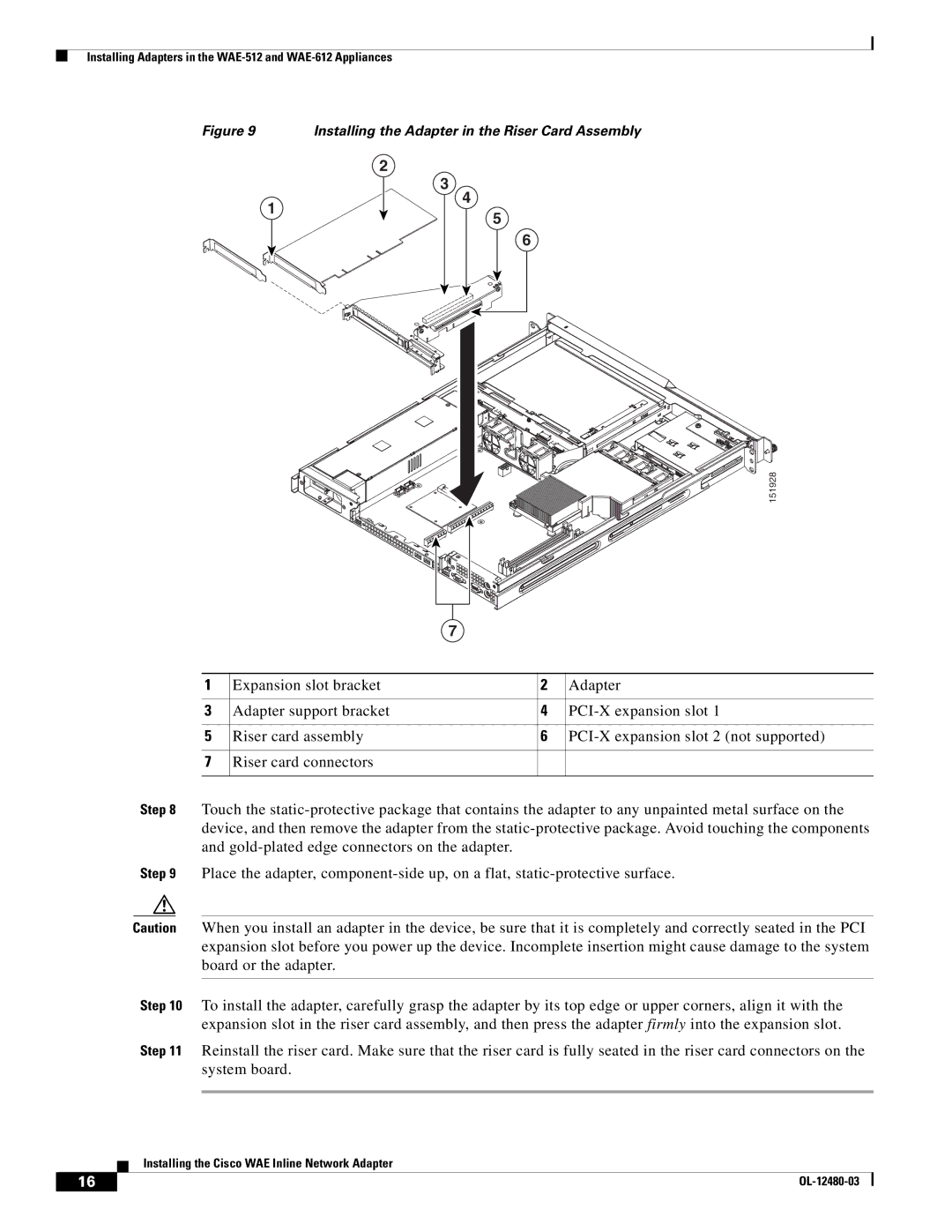 Cisco Systems WAE-512-K9, WAE-7341-K9, WAE-7371-K9, WAE-611-K9, WAE-674-K9 Installing the Adapter in the Riser Card Assembly 