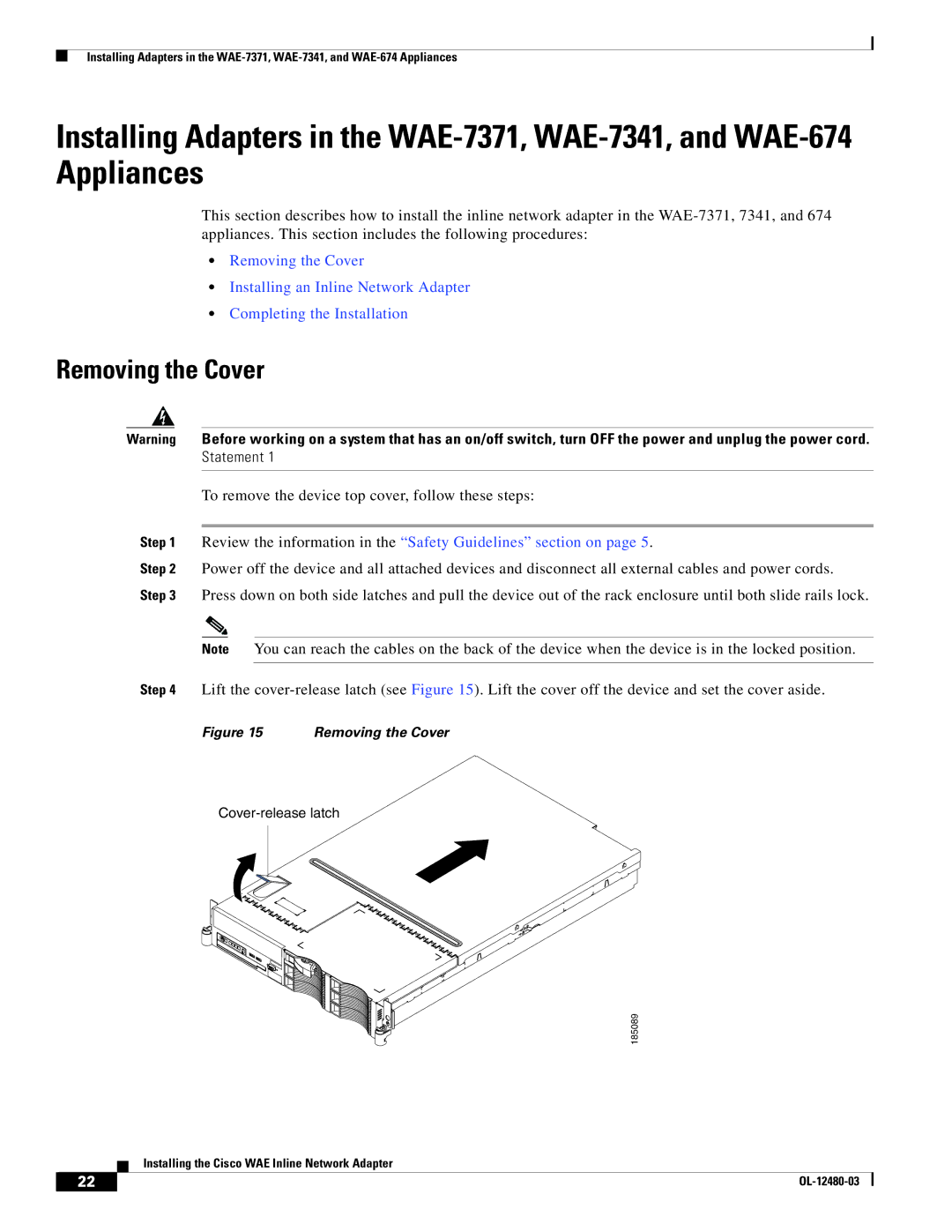 Cisco Systems WAE-511-K9, WAE-7341-K9, WAE-7371-K9, WAE-611-K9, WAE-674-K9, WAE-612-K9, WAE-7326-K9 manual Cover-release latch 