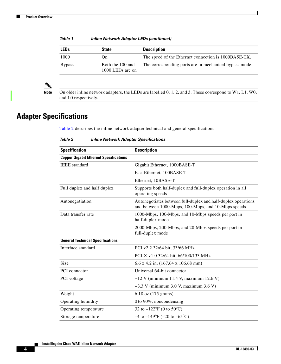 Cisco Systems WAE-511-K9, WAE-7341-K9, WAE-7371-K9, WAE-611-K9, WAE-674-K9 Adapter Specifications, Specification Description 