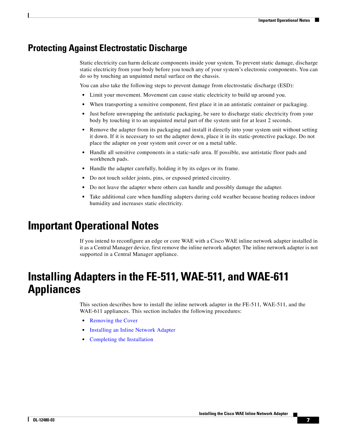 Cisco Systems WAE-512-K9, WAE-7341-K9, WAE-7371-K9 Important Operational Notes, Protecting Against Electrostatic Discharge 