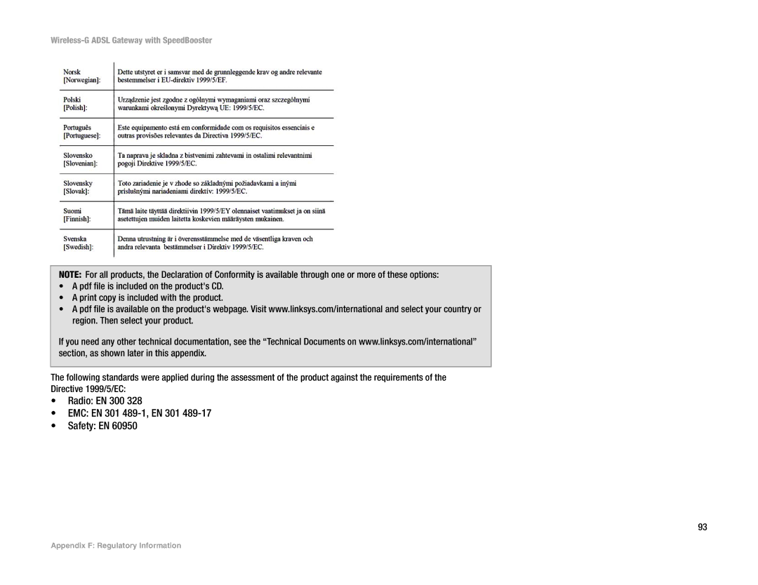 Cisco Systems WAG54GS (EU) manual Radio EN 300 EMC EN 301 489-1, EN 301 Safety EN 