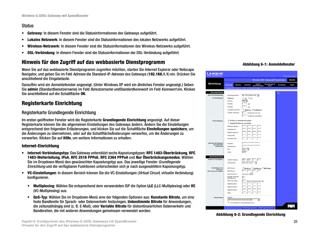 Cisco Systems WAG54GS (EU) manual Hinweis für den Zugriff auf das webbasierte Dienstprogramm, Registerkarte Einrichtung 