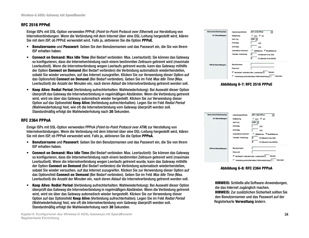 Cisco Systems WAG54GS (EU) manual Abbildung 6-7 RFC 2516 PPPoE Abbildung 6-8 RFC 2364 PPPoA 