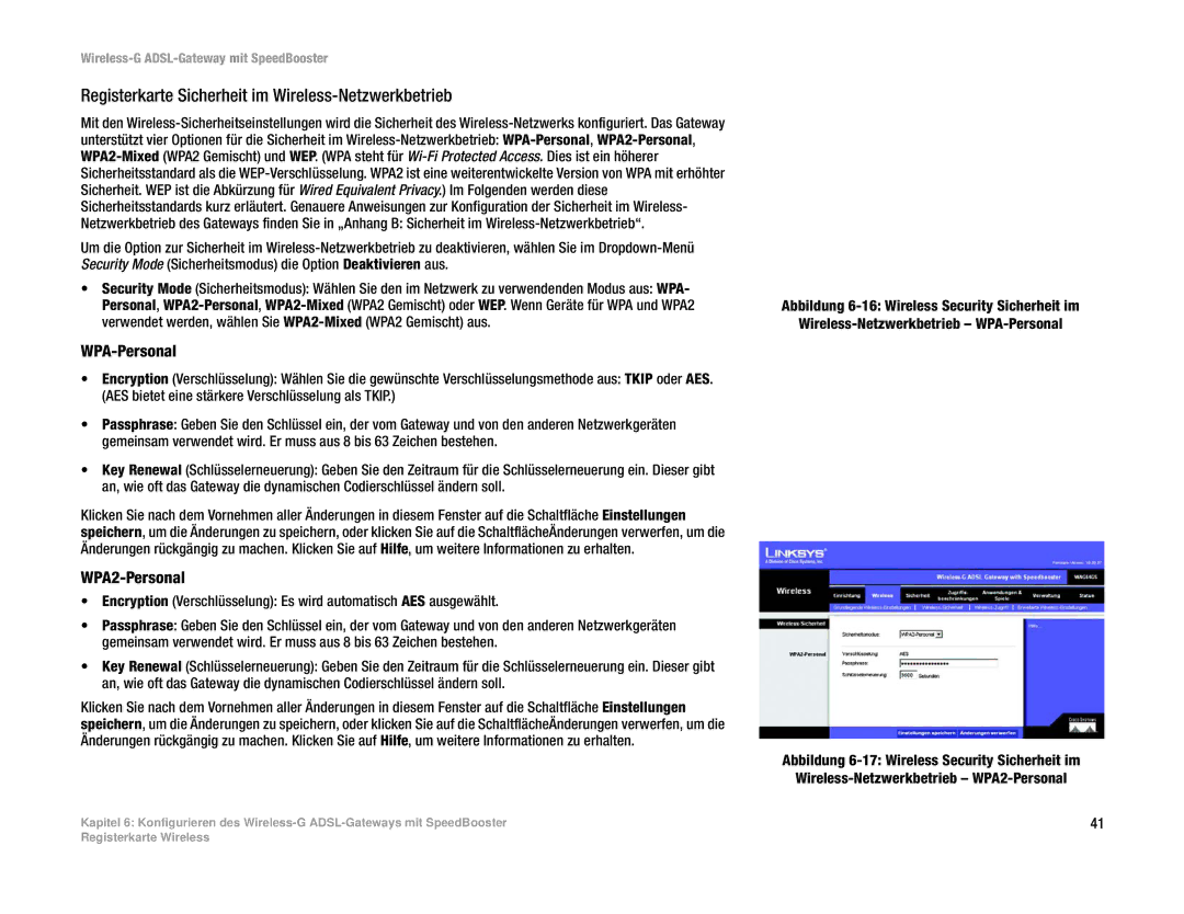 Cisco Systems WAG54GS (EU) manual Registerkarte Sicherheit im Wireless-Netzwerkbetrieb, WPA-Personal 