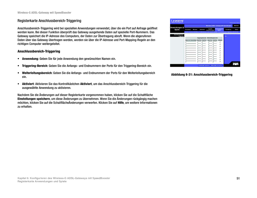 Cisco Systems WAG54GS (EU) manual Registerkarte Anschlussbereich-Triggering, Abbildung 6-31 Anschlussbereich-Triggering 