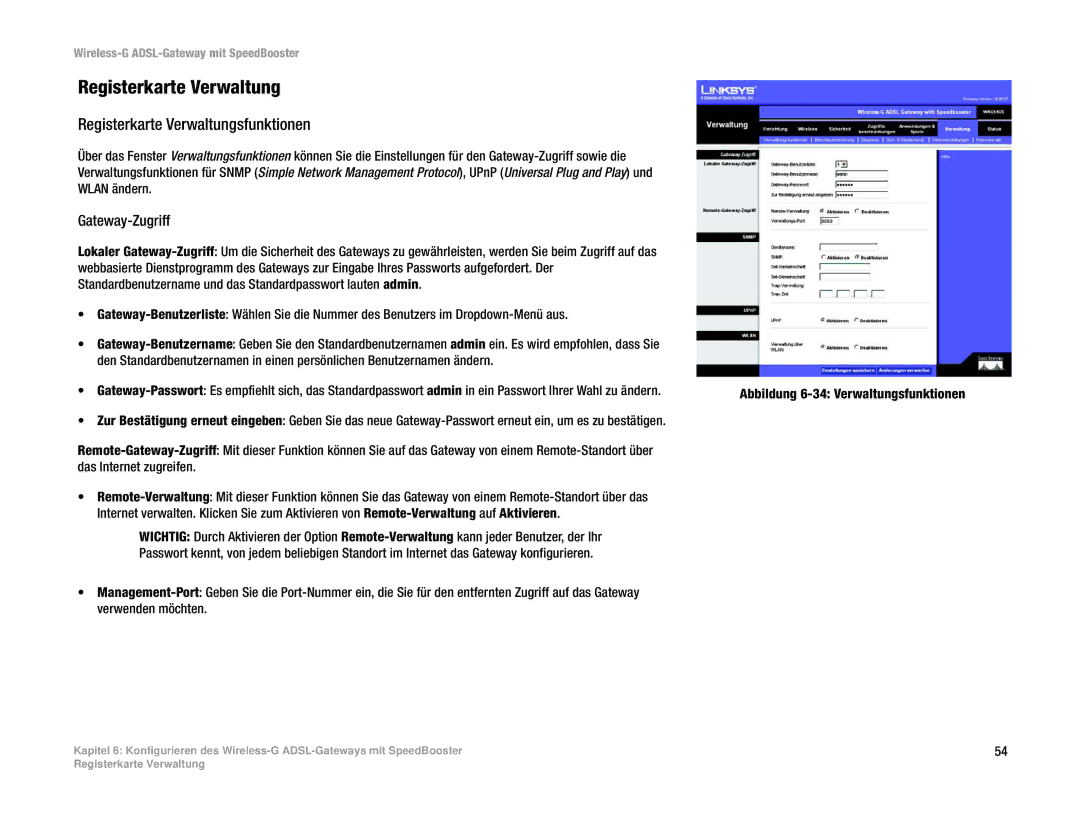 Cisco Systems WAG54GS (EU) manual Registerkarte Verwaltungsfunktionen, Gateway-Zugriff 