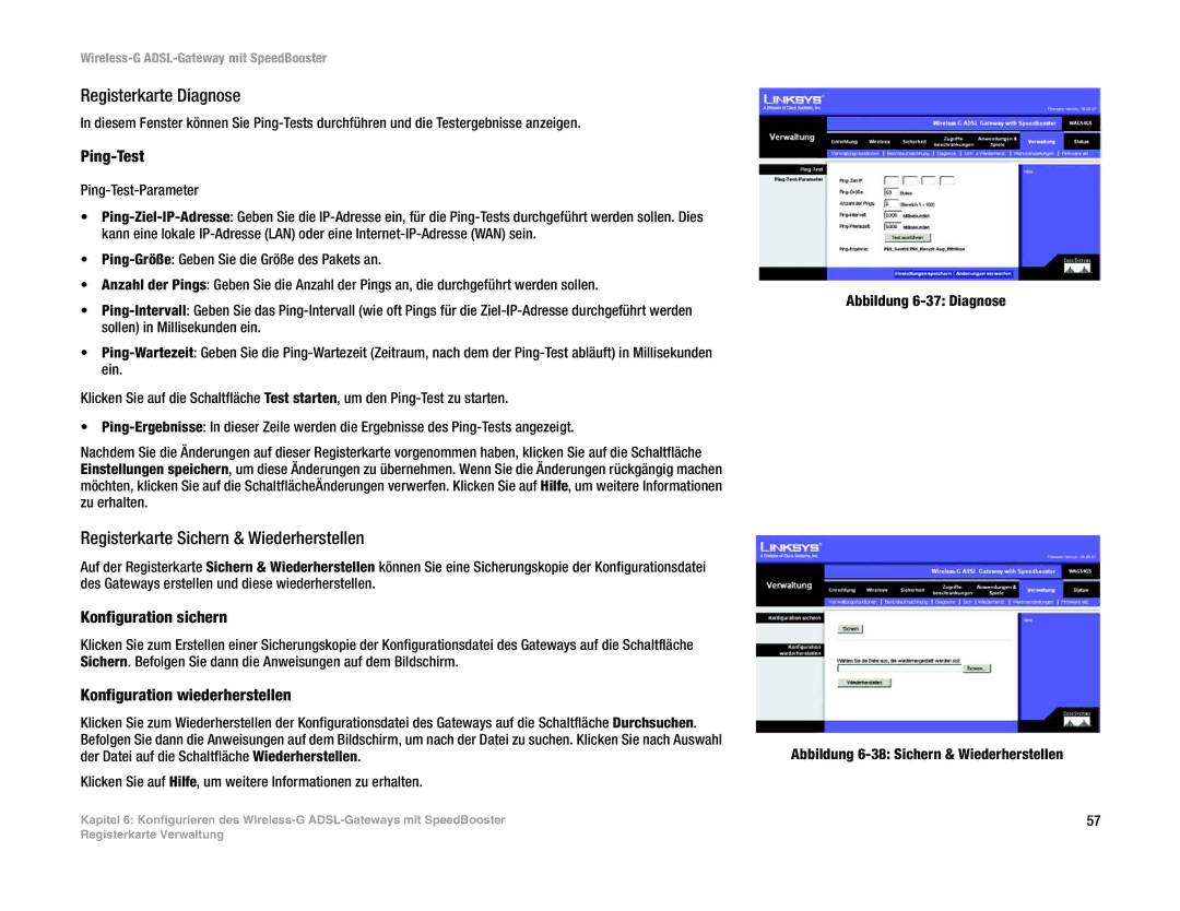 Cisco Systems WAG54GS (EU) manual Registerkarte Diagnose, Registerkarte Sichern & Wiederherstellen, Ping-Test 