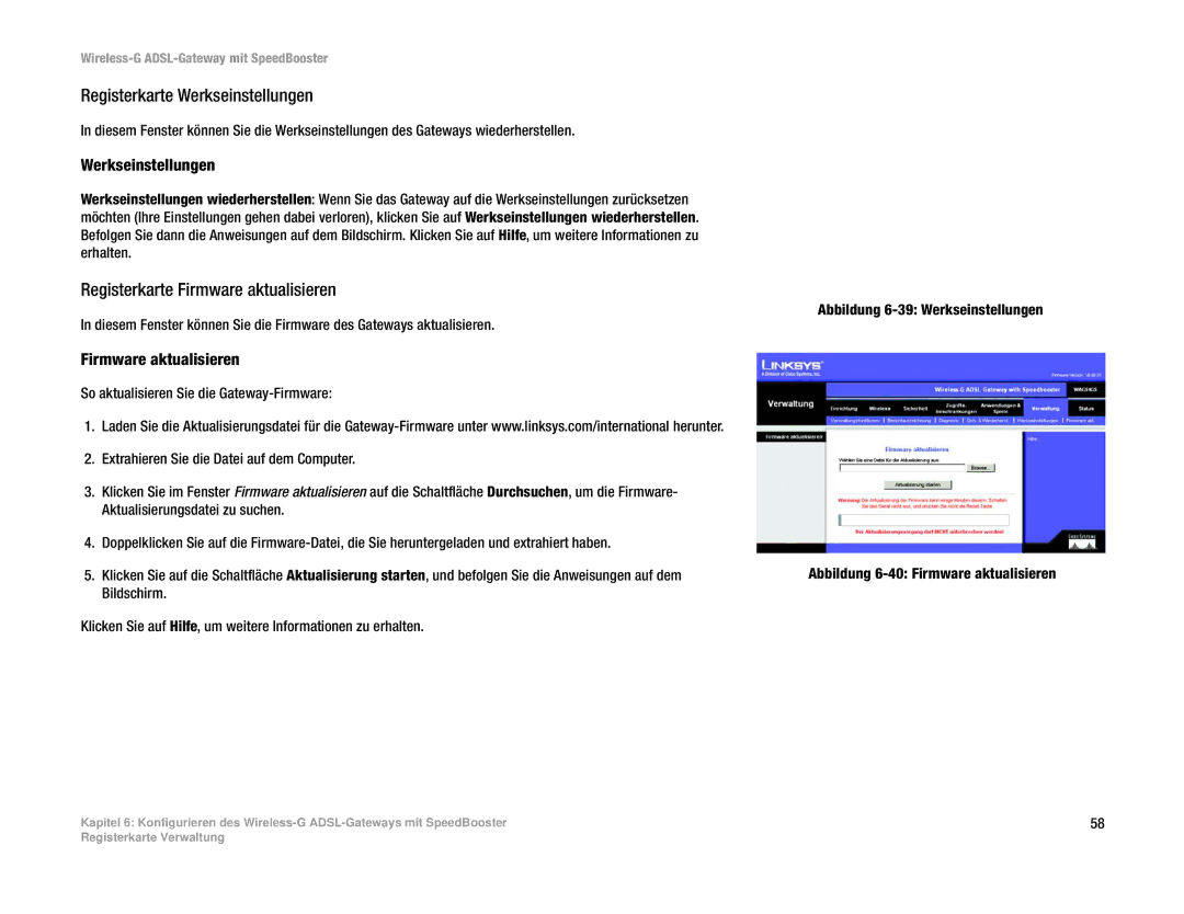 Cisco Systems WAG54GS (EU) manual Registerkarte Werkseinstellungen, Registerkarte Firmware aktualisieren 