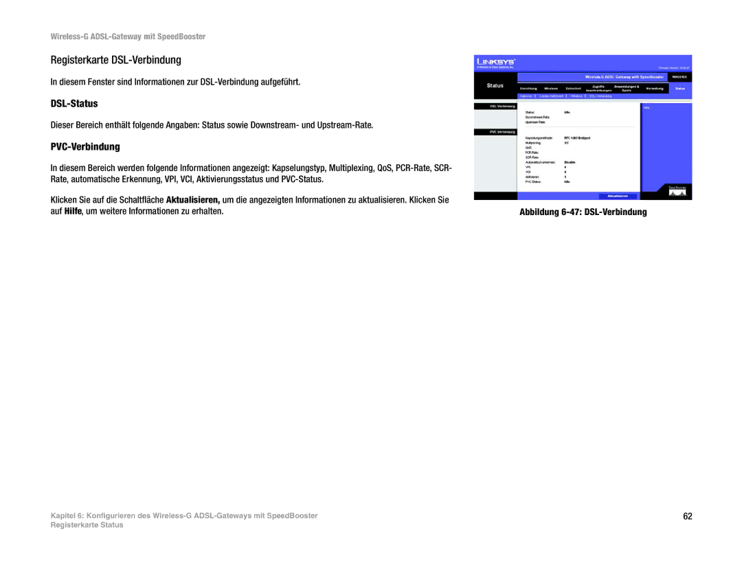 Cisco Systems WAG54GS (EU) manual Registerkarte DSL-Verbindung, DSL-Status, PVC-Verbindung 